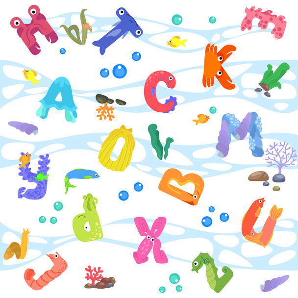 Naadloze patroon van letters zoals zee inwoners - Vector, afbeelding