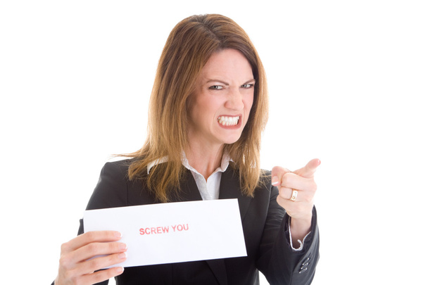 Angery Caucasian Woman Pointing Accusing Finger Holding Envelope - Photo, Image