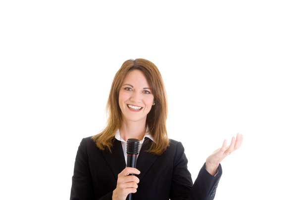 mikrofon işaret tutan mutlu beyaz kadın beyaz izole - Fotoğraf, Görsel