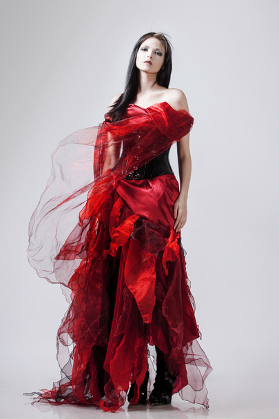 Fashion photo of young magnificent woman in red dress. Studio portrait - 写真・画像