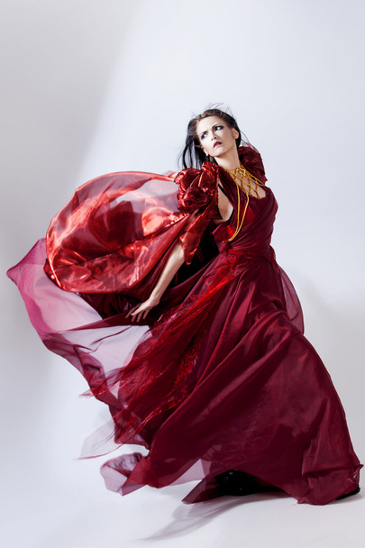 Fashion photo of young magnificent woman in red dress. Studio portrait - Foto, immagini