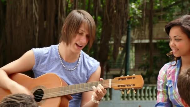 13 glückliche junge Männer und Freundinnen musizieren - Filmmaterial, Video
