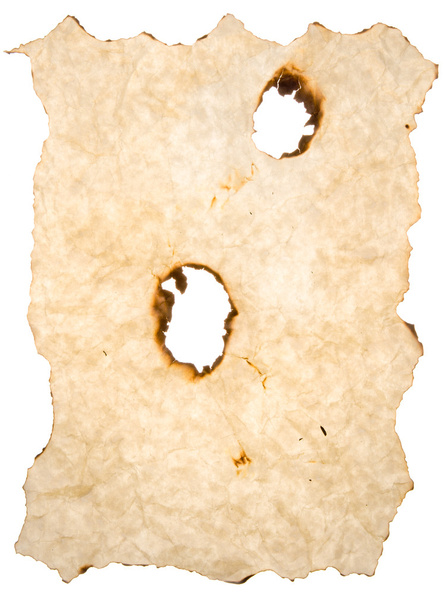 Agujeros de papel de pergamino beige quemados aislados
 - Foto, imagen