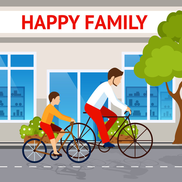 Dad And Son On Bicycles - Vector, Image