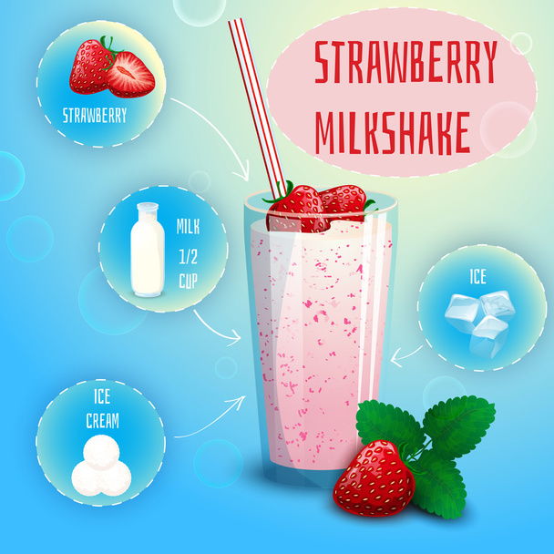 Strawberry smoothie milkshake recipe poster print - Вектор,изображение