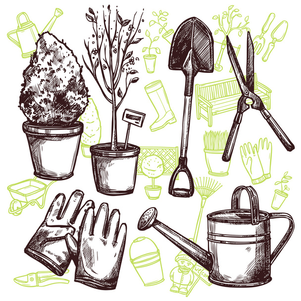 Εργαλεία κήπου σκίτσο έννοια - Διάνυσμα, εικόνα