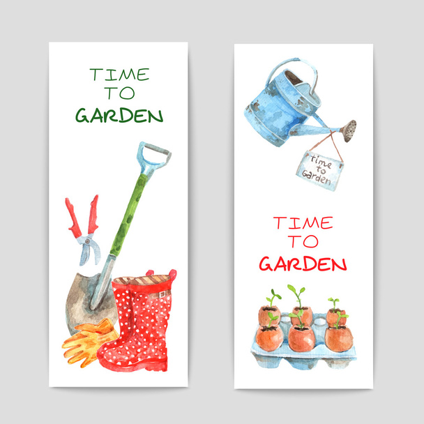 Gardening Watercolor Banners Set - Vector, Image