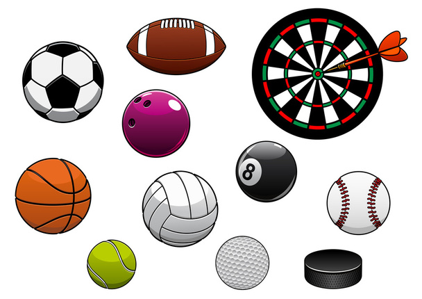 Dartboard, hockey puck and sports balls - Vector, Image