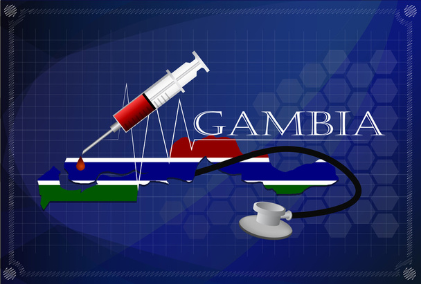 Map of Gambia with Stethoscope and syringe. - Vector, Image