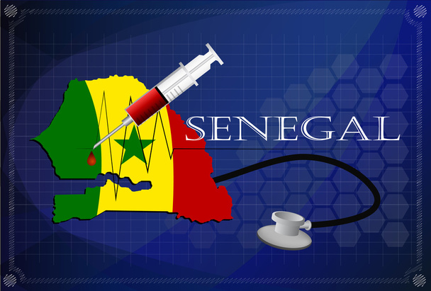 Kaart van Senegal met stethoscoop en spuit. - Vector, afbeelding