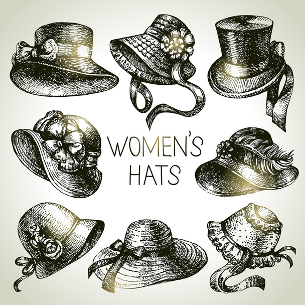 элегантные винтажные женские шляпы
 - Вектор,изображение