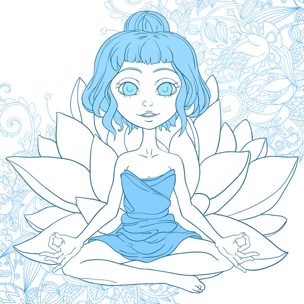vector hand drawn illustration of Cute cartoon girl doing yoga lotus position with blue background - Vector, Image