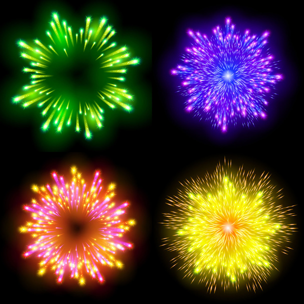 Fuegos artificiales festivos estampados estallando en varias formas pictogramas brillantes contra fondo negro vector abstracto ilustración aislada - Vector, imagen