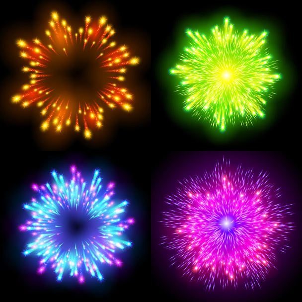 Festive patterned firework  bursting  in various shapes sparkling pictograms set  against black background abstract vector isolated illustration - Vector, Image
