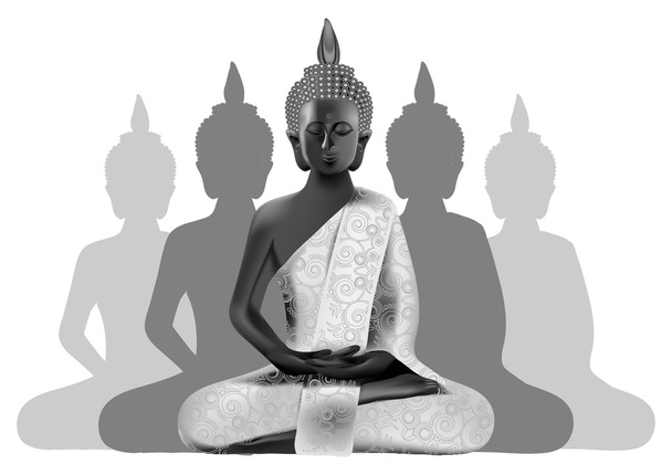 Postura de Buda meditante en colores plata y negro con silhou
 - Vector, Imagen