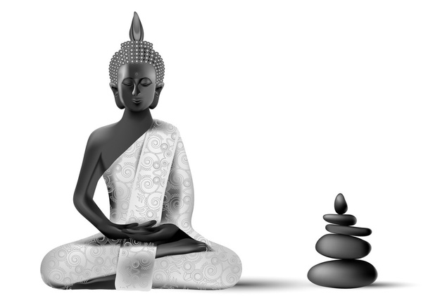 Postura de Buda meditante en colores plata y negro con piedras
 - Vector, imagen