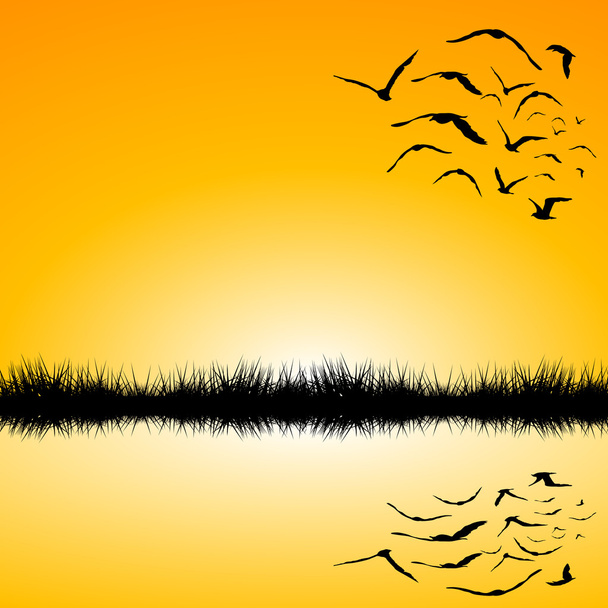 landschap met een meer en vogels vliegen - Vector, afbeelding