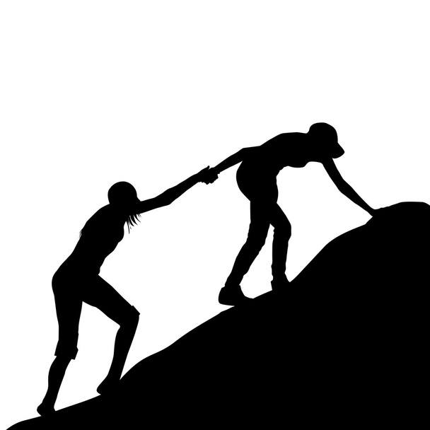 Girl giving helping hand to her friend to climb up the last sect - Vector, Image