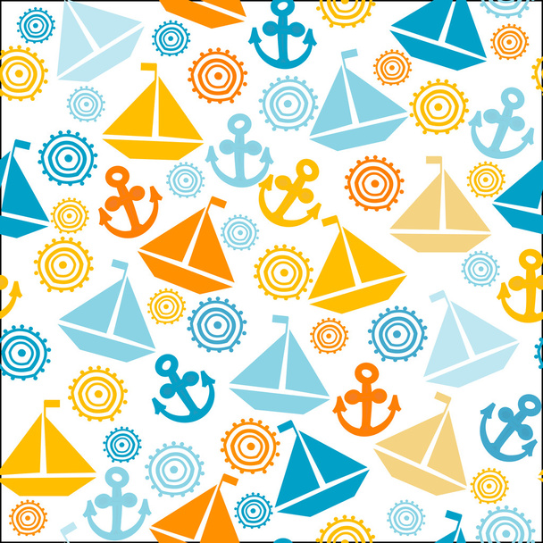Cartoon seamless pattern with sail boats, anchors and stylized s - Vector, Image
