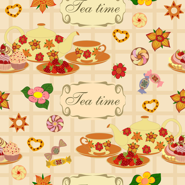 Teáskanna, csészék, eper és süteményt folytonos vector minta. - Vektor, kép