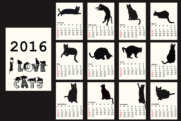 2016 ημερολόγιο με τις μαύρες γάτες - Διάνυσμα, εικόνα