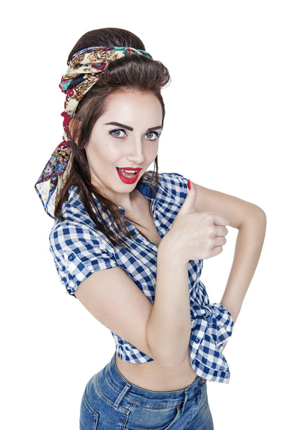 Beautiful woman in retro pin-up style showing thumbs up isolated - Fotó, kép