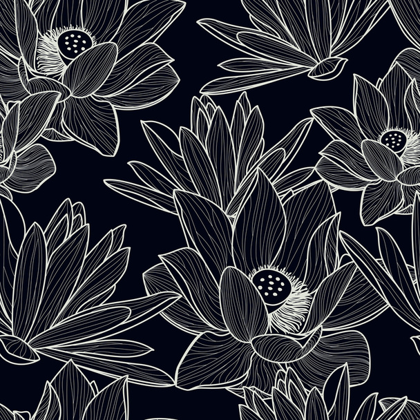 Vector seamless pattern with hand drawn beautiful lotus flower.  - ベクター画像