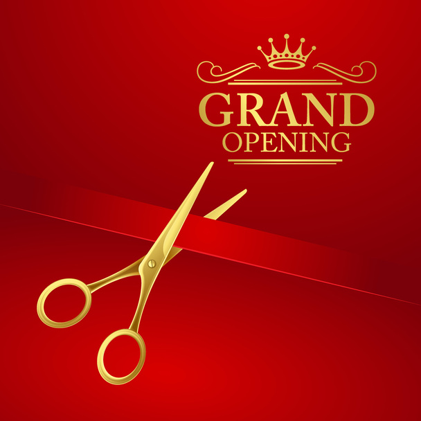 Grand opening illustration with red ribbon and gold scissors - Vector, Image