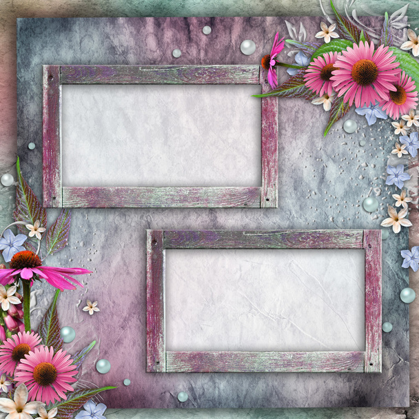 Greeting card with frames, flowers - Φωτογραφία, εικόνα