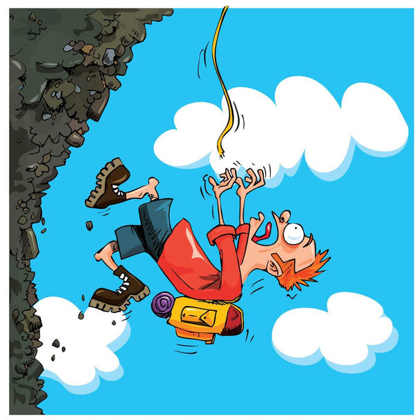 Montañero de dibujos animados cayendo de una montaña
 - Vector, imagen