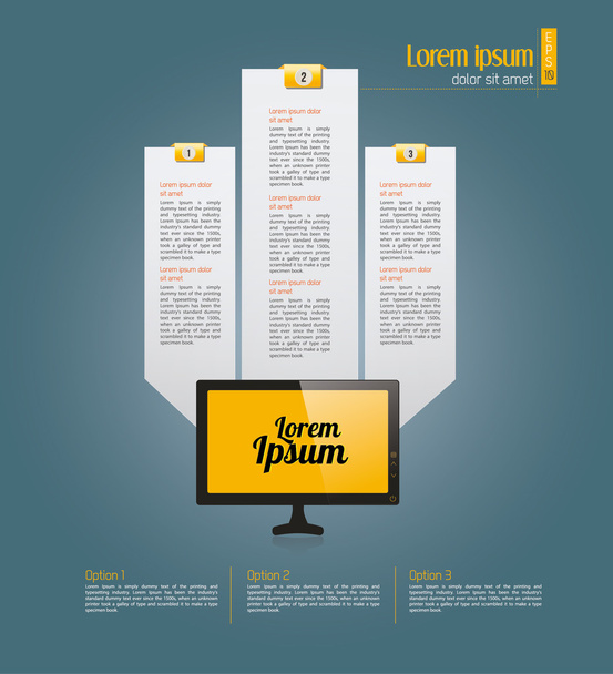 Vector Technology Infographic Template Light text boxes with realistic 3d desktop computer with yellow background can be used for workflow layout, diagram, chart, number options, web design. Eps 10 vector illustration - Vector, Image