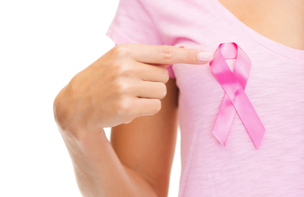 woman with pink cancer awareness ribbon - Zdjęcie, obraz