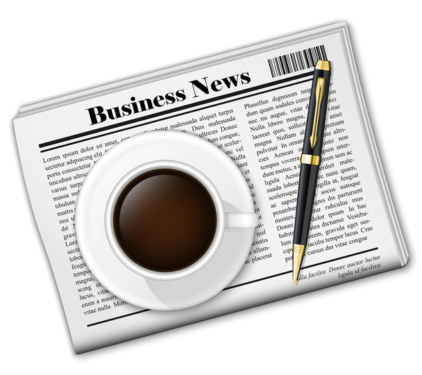 Newspaper with coffee cup and pen - Vector, Image