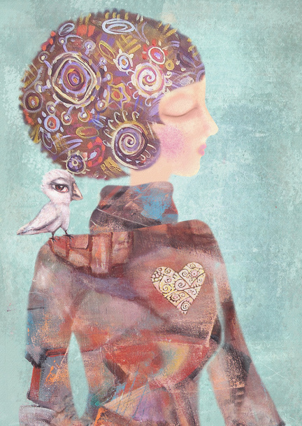 Jeune fille rêveuse avec un oiseau sur l'épaule. Belle, mystérieuse, intéressante. Concept de sérénité et de rêverie
. - Photo, image