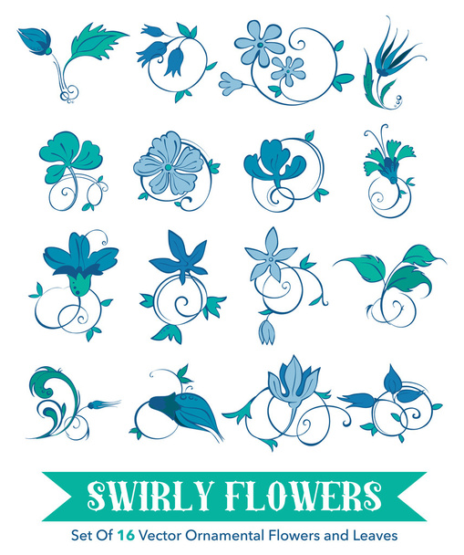 Assemblage of 16 Hand Drawn Swirly Curly Turkish Flowers and Leafs - Vector, Image