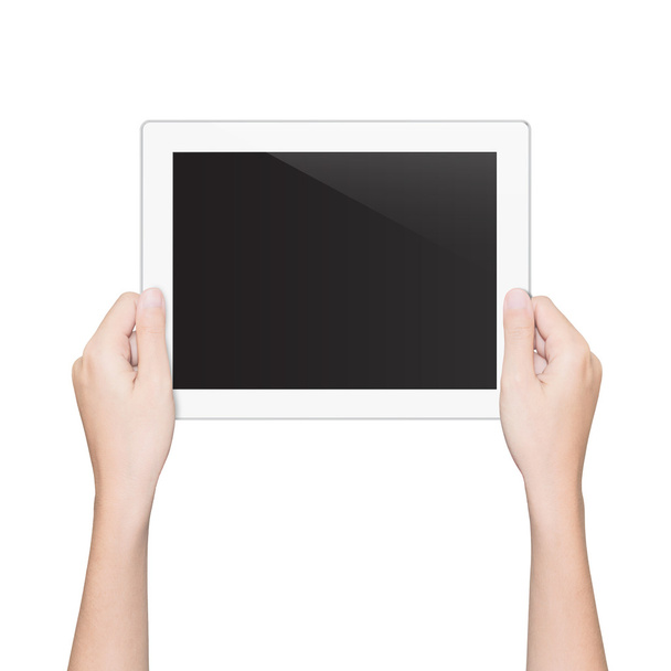 Nahaufnahme Hand hält Tablet isoliert weißen Clipping Pfad im Inneren - Foto, Bild