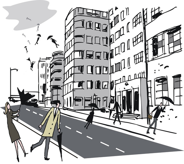 Cartoni animati città ventosa con la gente
 - Vettoriali, immagini