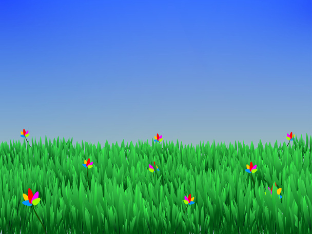De zomer een achtergrond met gras en blauwe hemel. Vector - Vector, afbeelding
