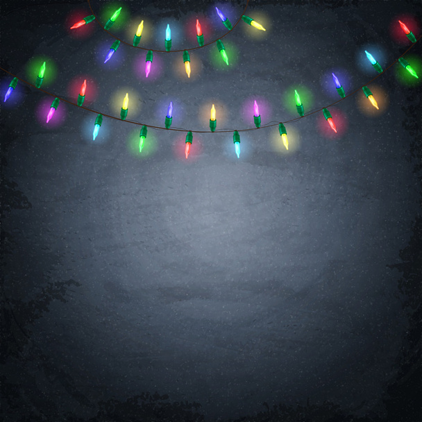 Colorful glowing christmas lights on chalkboard background - Vector, Image