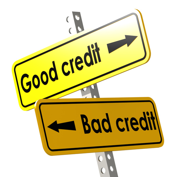 Good and bad credit with yellow road sign - Foto, afbeelding