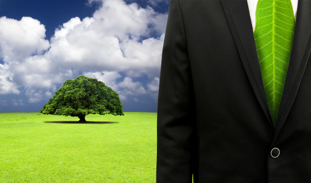 Green business concept.Businessman with leaf tie and old tree background - Photo, Image