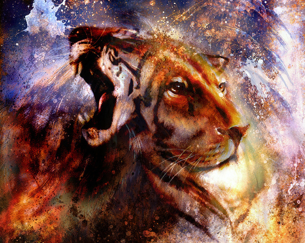 портрет льва и лицо тигра, портрет профиля, на красочном абстрактном фоне с рисунком пера. Абстрактный цветной коллаж с пятнами
. - Фото, изображение