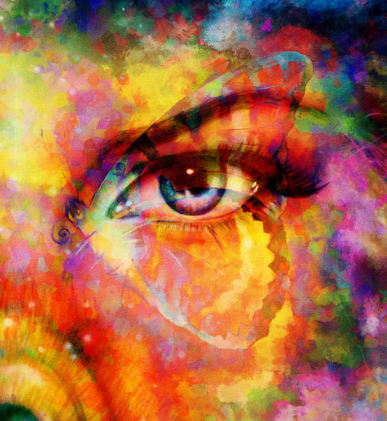 cor borboletas e olho de mulher, meio misto, fundo de cor abstrato
. - Foto, Imagem