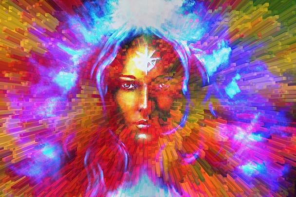 mystic face women, with color background collage. eye contact . - Photo, Image