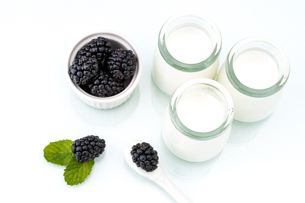 healthy breakfast with yogurt and blackberry, dieting, freshness - Photo, image
