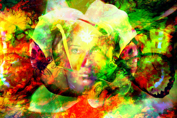 Mystic face women with butterflies, color background collage. eye contact - Φωτογραφία, εικόνα