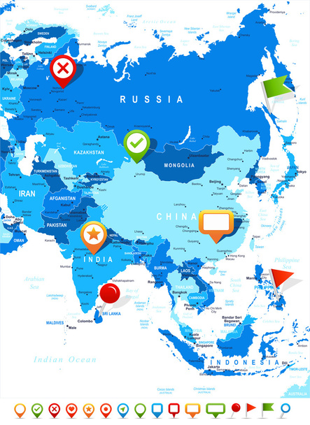 Asia - map and navigation icons - illustration. - Vector, Image