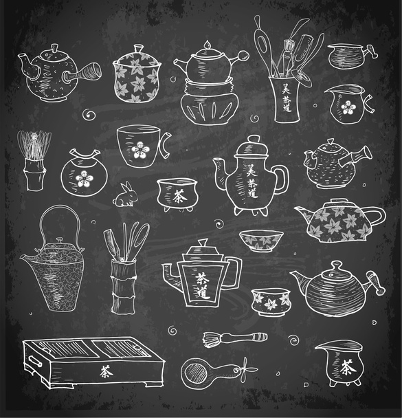 Chinese and Japanese tea objects on blackboard - Вектор,изображение