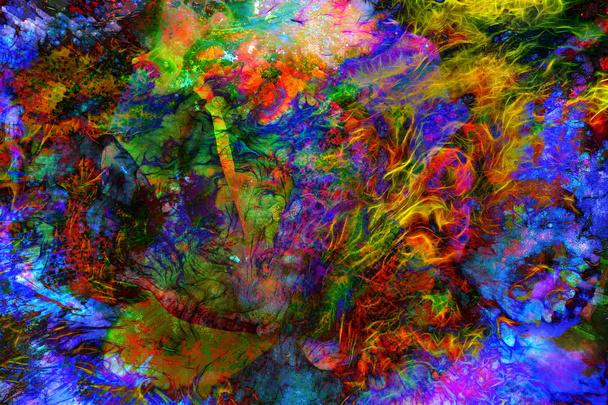 Abstract color Backgrounds and flower, painting collage, Fire fractal effect, red, green and orange collage. - Φωτογραφία, εικόνα