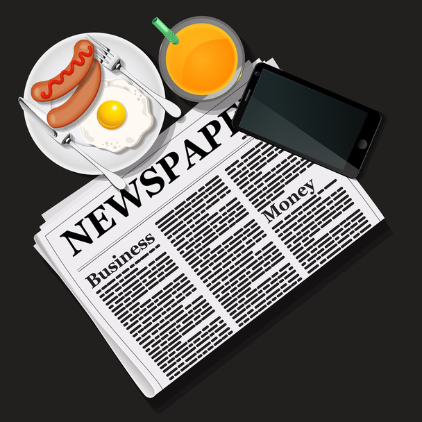 illustration of newspaper and mobile phone with orange juice and - Vector, Image